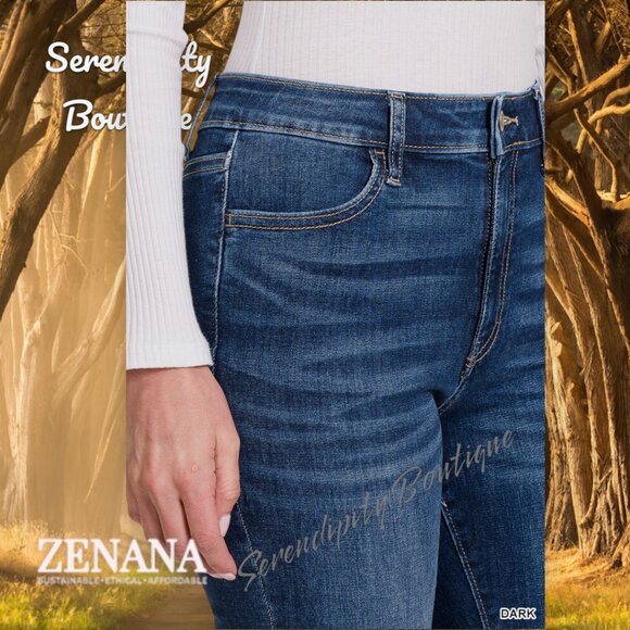 Zenana Super Stretch Skinny High Rise Lightly Distressed Dark Wash Denim Jeans - Picture 9 of 11